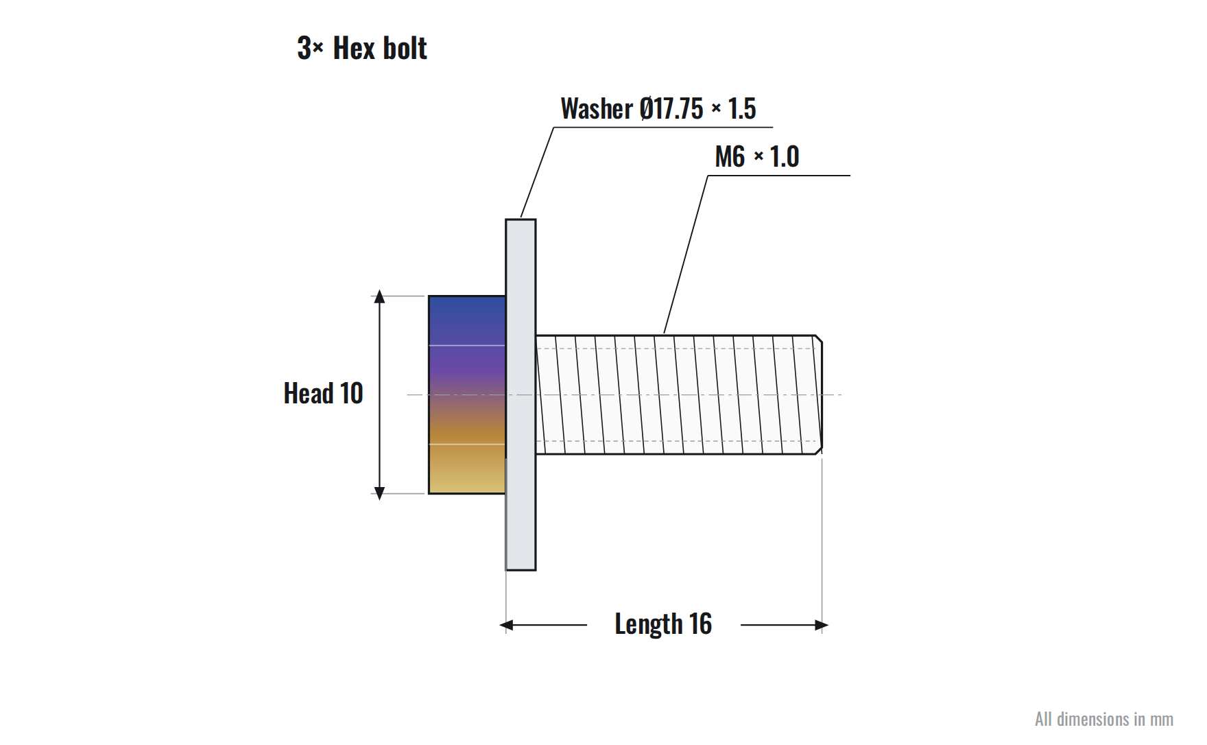 3x titanium hex bolt, M6 x 1.0, 16mm body length, fully threaded, 10mm head, with 17.75mm OD flat washer