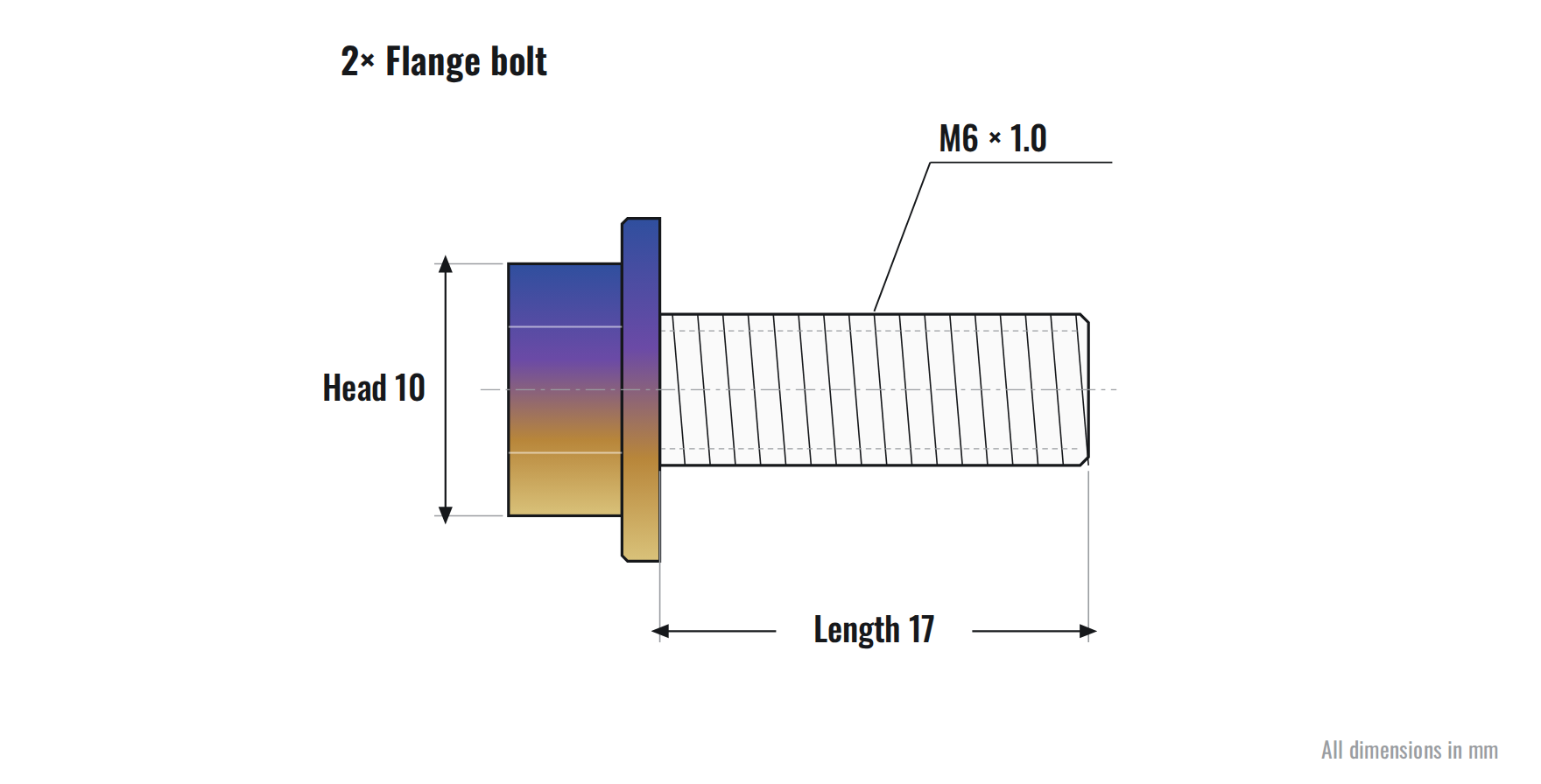 2x titanium flange bolt, M6 x 1.0, 17mm body length, fully threaded, 10mm head